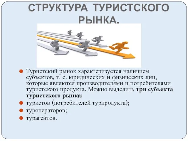 СТРУКТУРА ТУРИСТСКОГО РЫНКА. Туристский рынок характеризуется наличием субъектов, т. е.