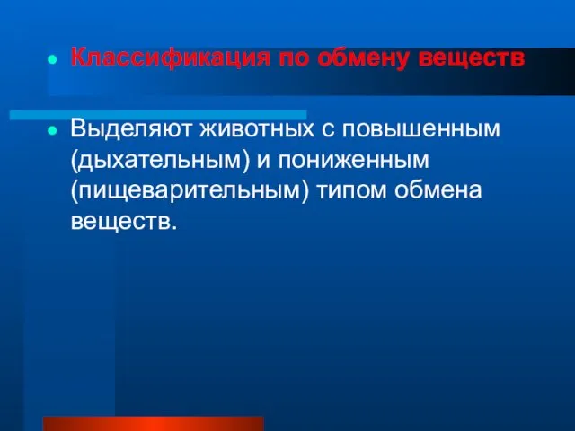 Классификация по обмену веществ Выделяют животных с повышенным (дыхательным) и пониженным (пищеварительным) типом обмена веществ.