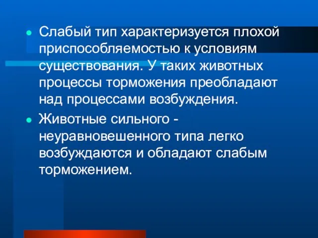 Слабый тип характеризуется плохой приспособляемостью к условиям существования. У таких