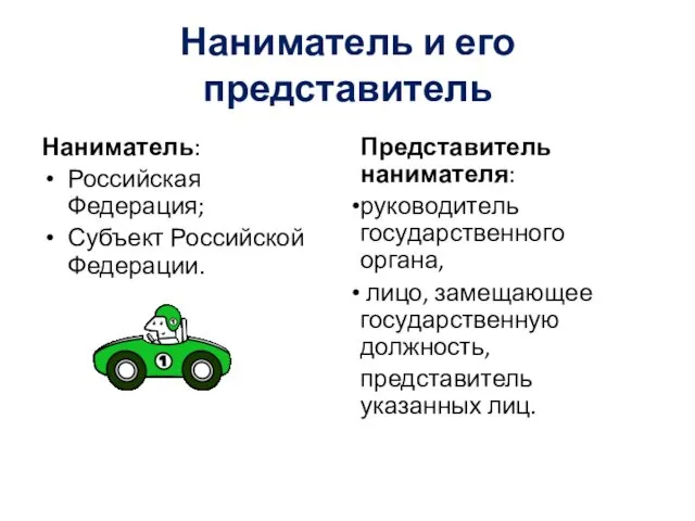 Наниматель и его представитель Наниматель: Российская Федерация; Субъект Российской Федерации.