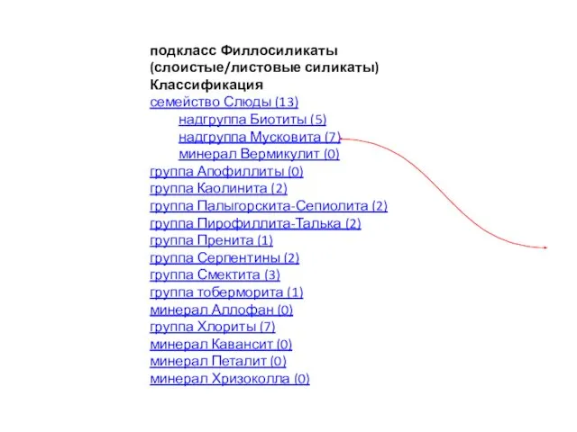 подкласс Филлосиликаты (слоистые/листовые силикаты) Классификация семейство Слюды (13) надгруппа Биотиты