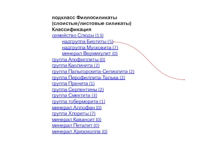 подкласс Филлосиликаты (слоистые/листовые силикаты) Классификация семейство Слюды (13) надгруппа Биотиты