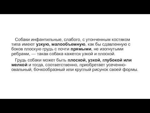 Собаки инфантильные, слабого, с утонченным костяком типа имеют узкую, малообъемную, как бы сдавленную