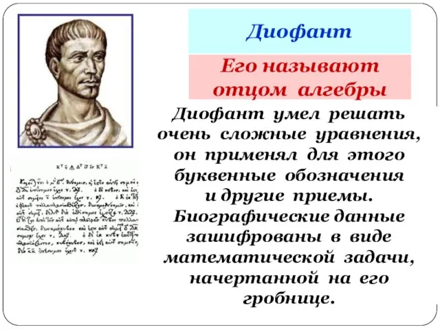 Диофант Его называют отцом алгебры Диофант умел решать очень сложные