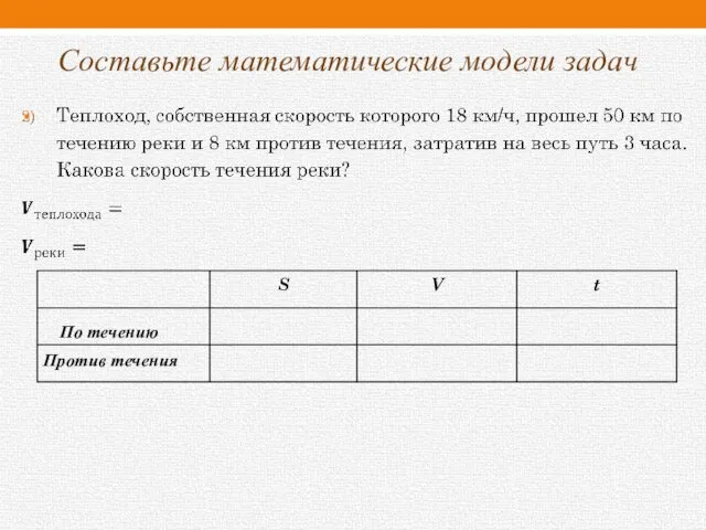 Составьте математические модели задач По течению Против течения