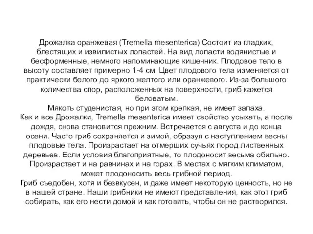 Дрожалка оранжевая (Tremella mesenterica) Состоит из гладких, блестящих и извилистых