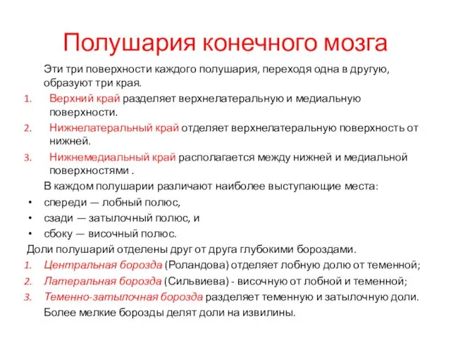 Полушария конечного мозга Эти три поверхности каждого полушария, переходя одна