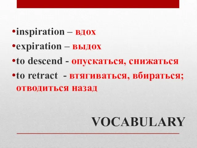 VOCABULARY inspiration – вдох expiration – выдох to descend -