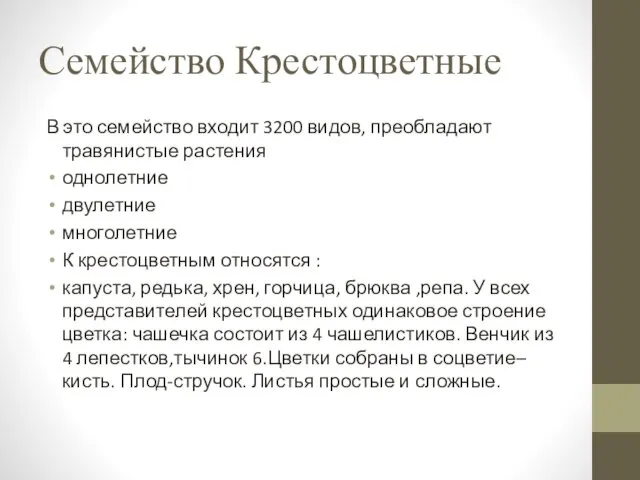 Семейство Крестоцветные В это семейство входит 3200 видов, преобладают травянистые