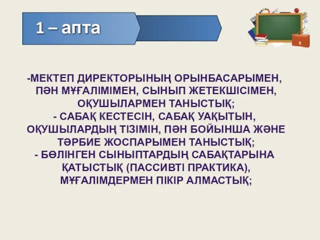 1 – апта МЕКТЕП ДИРЕКТОРЫНЫҢ ОРЫНБАСАРЫМЕН, ПӘН МҰҒАЛІМІМЕН, СЫНЫП ЖЕТЕКШІСІМЕН, ОҚУШЫЛАРМЕН ТАНЫСТЫҚ; САБАҚ