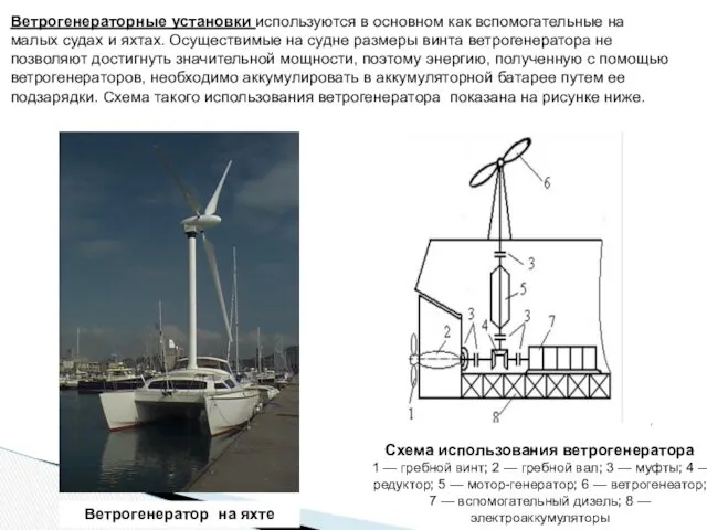 Ветрогенераторные установки используются в основном как вспомогательные на малых судах