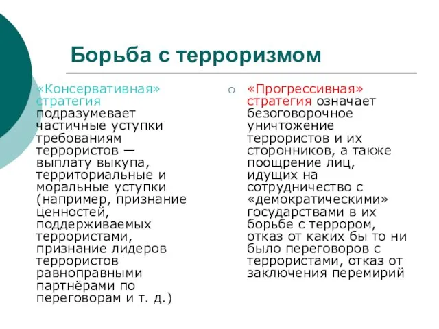 Борьба с терроризмом «Консервативная» стратегия подразумевает частичные уступки требованиям террористов