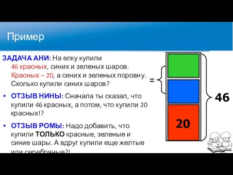 ЗАДАЧА АНИ: На елку купили 46 красных, синих и зеленых