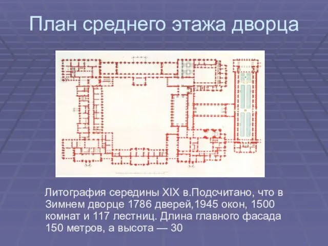 План среднего этажа дворца Литография середины XIX в.Подсчитано, что в