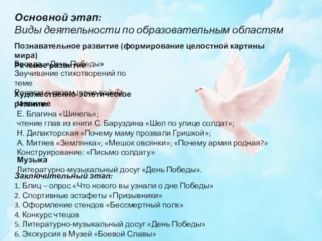 Основной этап: Виды деятельности по образовательным областям Беседа: «День Победы»