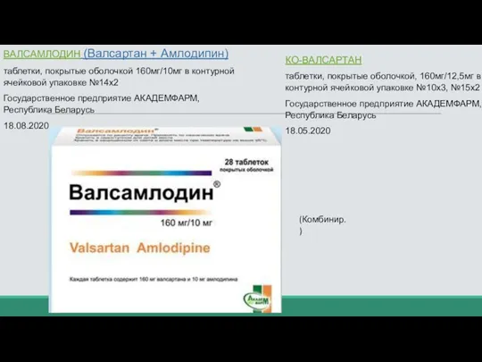 ВАЛСАМЛОДИН (Валсартан + Амлодипин) таблетки, покрытые оболочкой 160мг/10мг в контурной