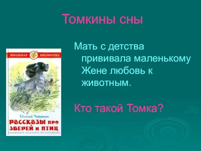 Томкины сны Мать с детства прививала маленькому Жене любовь к животным. Кто такой Томка?