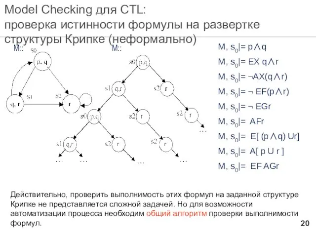 Model Checking для CTL: проверка истинности формулы на развертке структуры