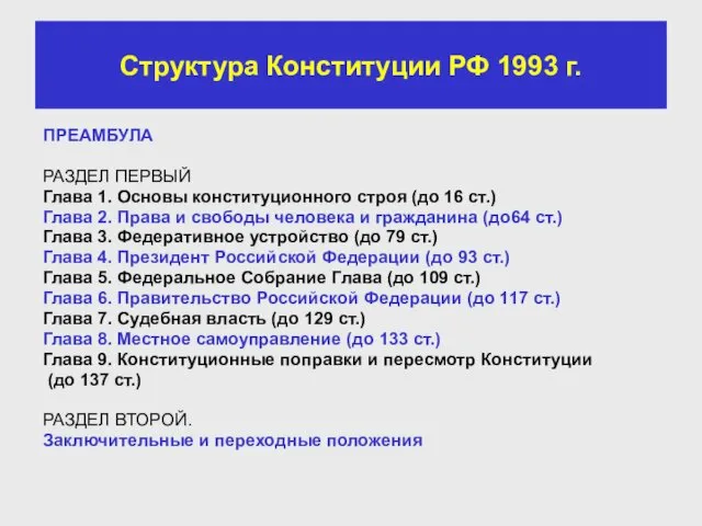 Структура Конституции РФ 1993 г. ПРЕАМБУЛА РАЗДЕЛ ПЕРВЫЙ Глава 1.