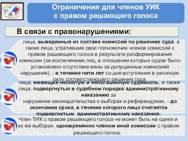 Ограничения для членов УИК с правом решающего голоса В связи с правонарушениями: