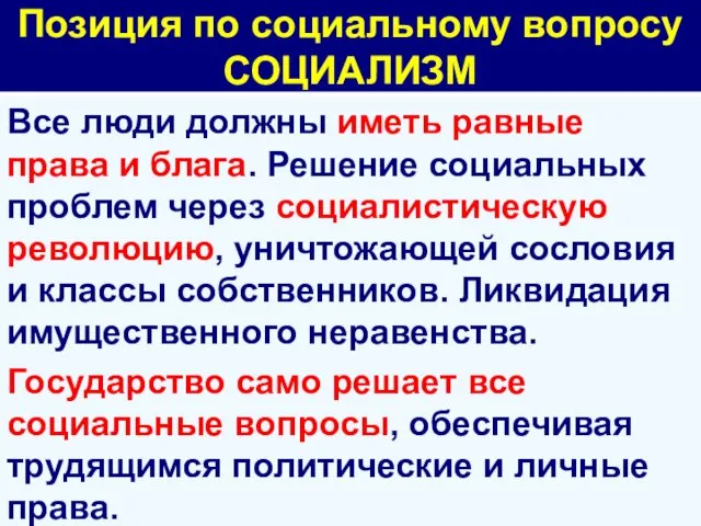 Позиция по социальному вопросу СОЦИАЛИЗМ Все люди должны иметь равные