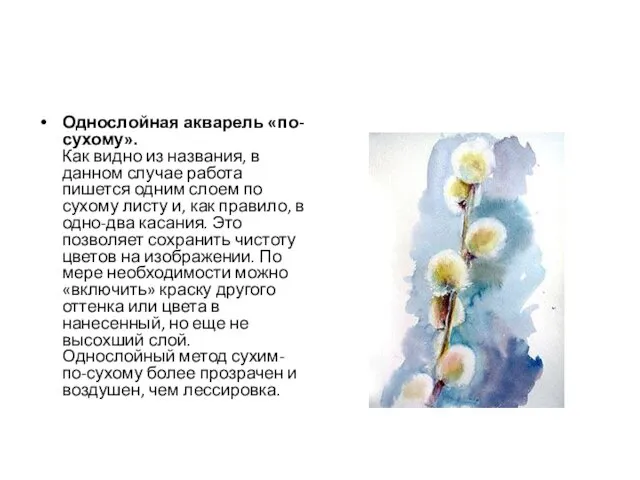 Однослойная акварель «по-сухому». Как видно из названия, в данном случае работа пишется одним