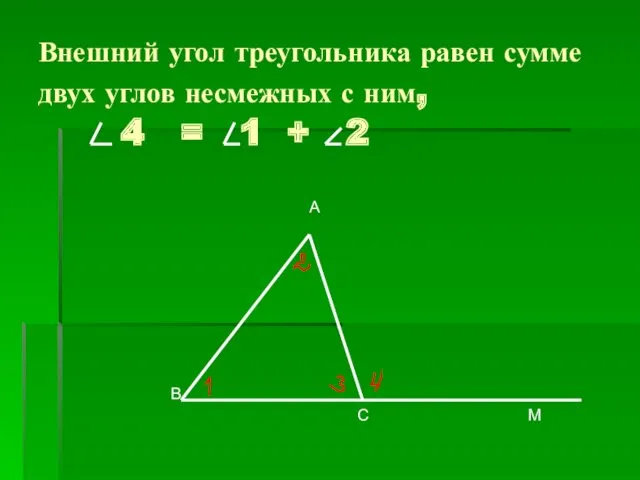 Внешний угол треугольника равен сумме двух углов несмежных с ним,