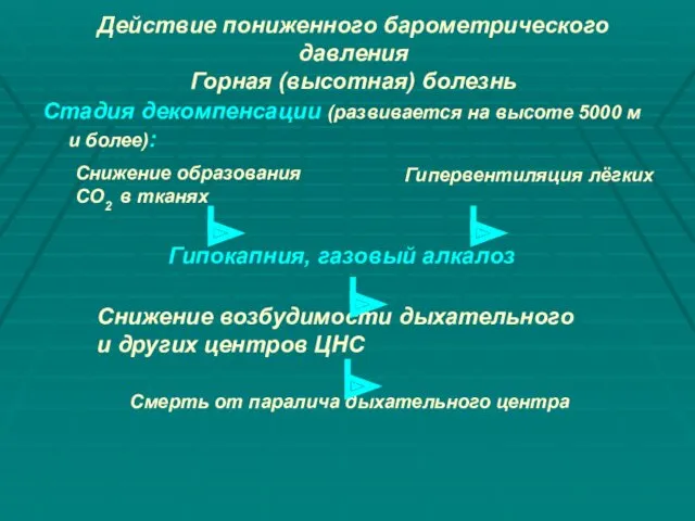 Действие пониженного барометрического давления Горная (высотная) болезнь Стадия декомпенсации (развивается