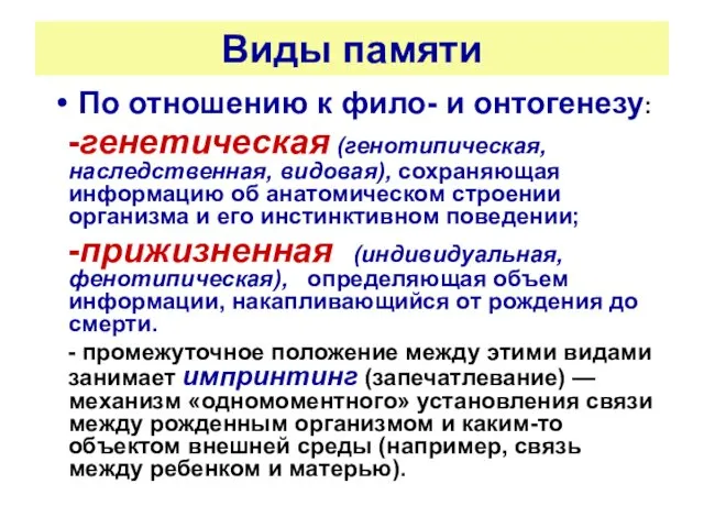 Виды памяти По отношению к фило- и онтогенезу: -генетическая (генотипическая,