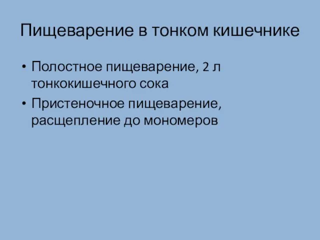 Пищеварение в тонком кишечнике Полостное пищеварение, 2 л тонкокишечного сока Пристеночное пищеварение, расщепление до мономеров