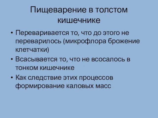 Пищеварение в толстом кишечнике Переваривается то, что до этого не