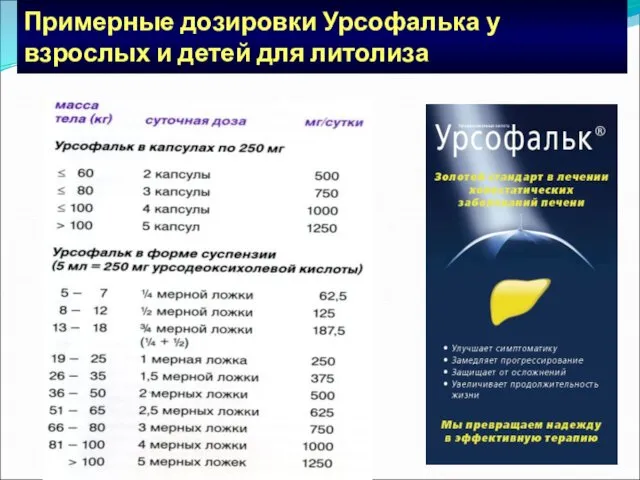 Примерные дозировки Урсофалька у взрослых и детей для литолиза