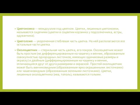 Цветоножка — междоузлие под цветком. Цветки, лишенные цветоножки, называются сидячими