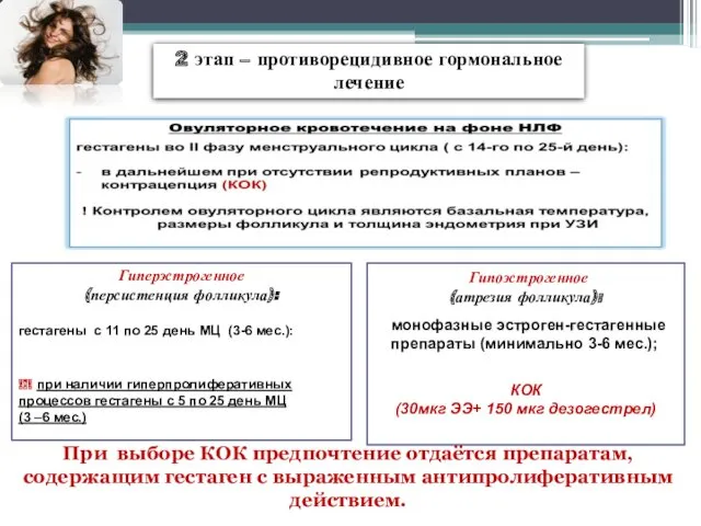 Гиперэстрогенное (персистенция фолликула): гестагены с 11 по 25 день МЦ