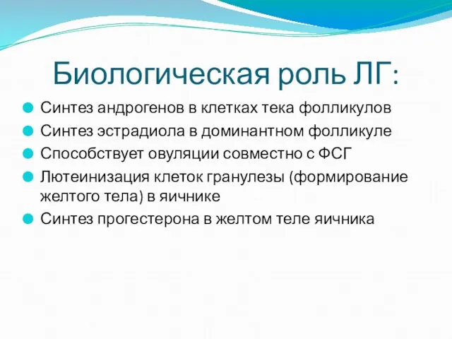 Биологическая роль ЛГ: Синтез андрогенов в клетках тека фолликулов Синтез эстрадиола в доминантном