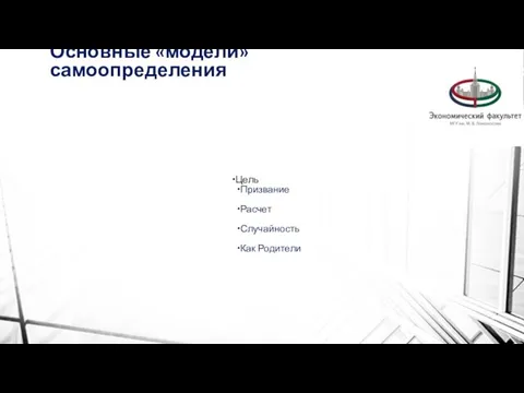 Основные «модели» самоопределения Цель Призвание Расчет Случайность Как Родители