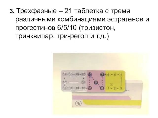 3. Трехфазные – 21 таблетка с тремя различными комбинациями эстрагенов