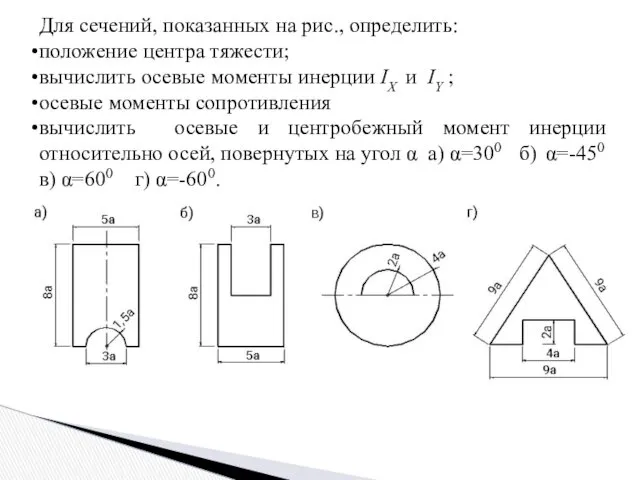 Для сечений, показанных на рис., определить: положение центра тяжести; вычислить