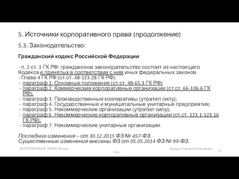 5. Источники корпоративного права (продолжение) 5.3. Законодательство: Гражданский кодекс Российской