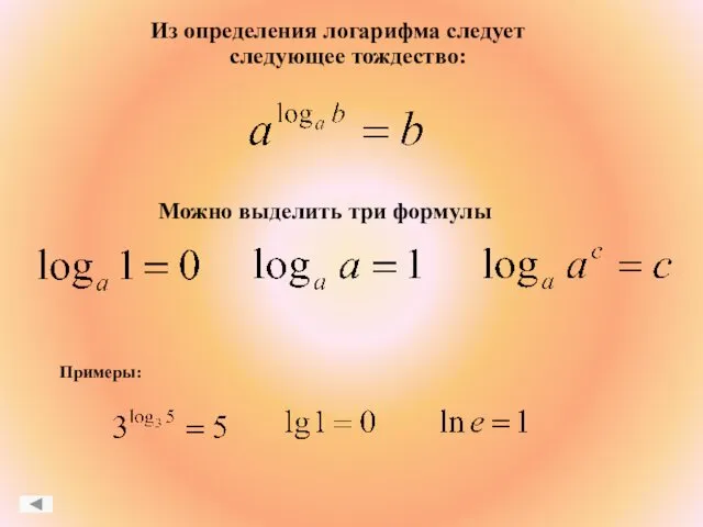 Можно выделить три формулы Из определения логарифма следует следующее тождество: Примеры: