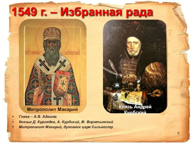 1549 г. – Избранная рада Глава – А.В. Адашев Князья