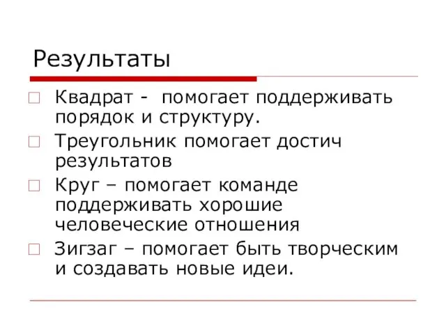 Результаты Квадрат - помогает поддерживать порядок и структуру. Треугольник помогает