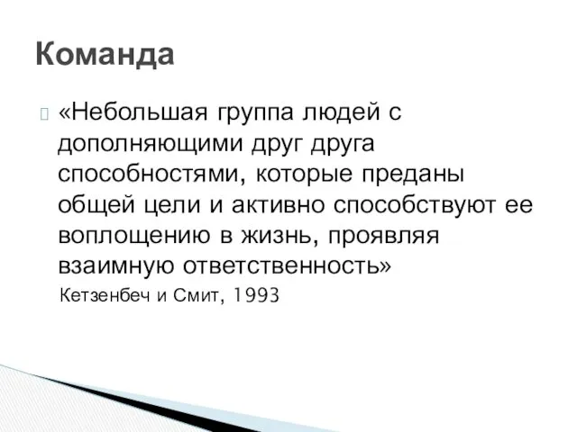 «Небольшая группа людей с дополняющими друг друга способностями, которые преданы