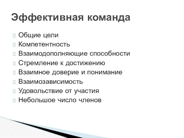 Общие цели Компетентность Взаимодополняющие способности Стремление к достижению Взаимное доверие