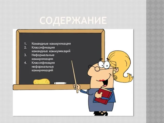 СОДЕРЖАНИЕ Командные коммуникации Классификация командных коммуникаций Неформальные коммуникации Классификация неформальных коммуникаций