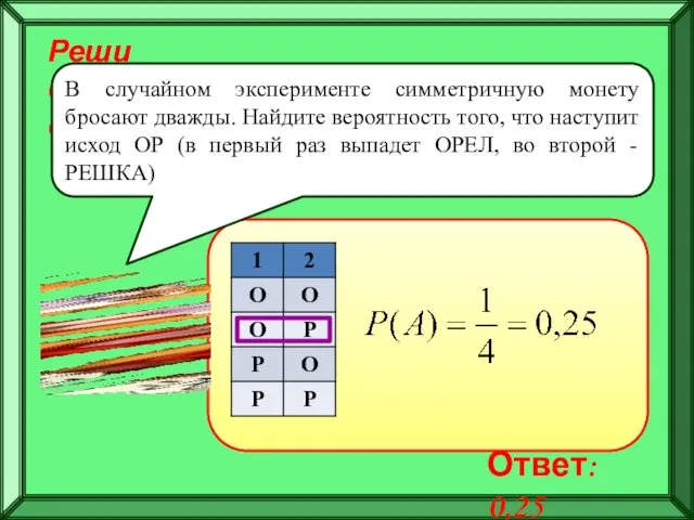 Реши самостоятельно! В случайном эксперименте симметричную монету бросают дважды. Найдите