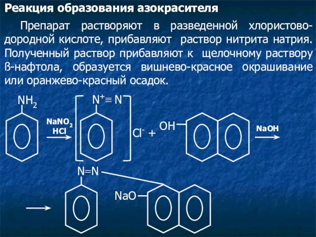 Реакция образования азокрасителя Препарат растворяют в разведенной хлористово-дородной кислоте, прибавляют