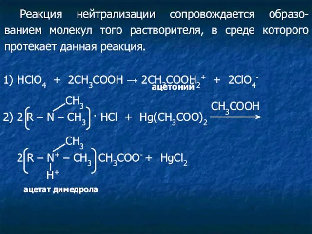 Реакция нейтрализации сопровождается образо-ванием молекул того растворителя, в среде которого
