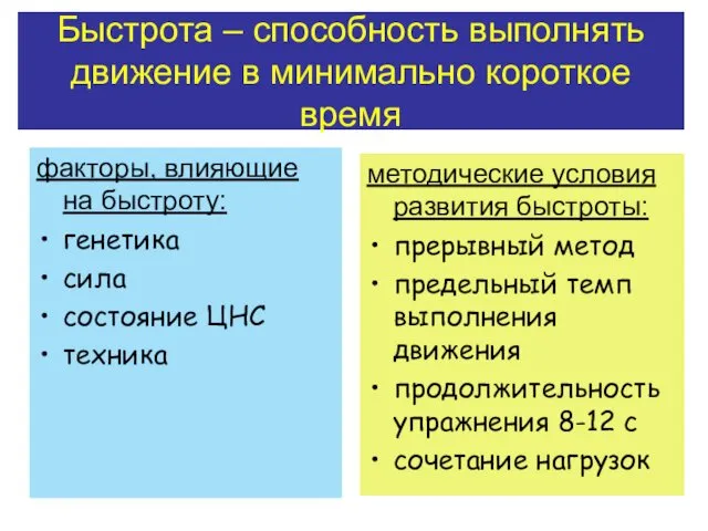 Быстрота – способность выполнять движение в минимально короткое время факторы, влияющие на быстроту: