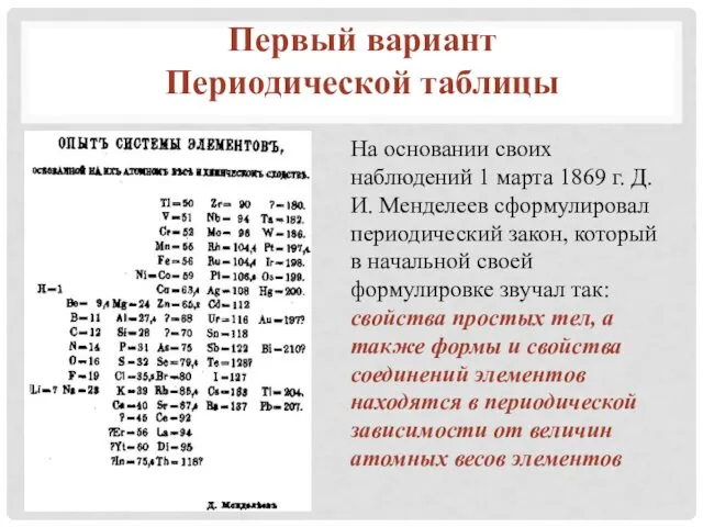 На основании своих наблюдений 1 марта 1869 г. Д.И. Менделеев